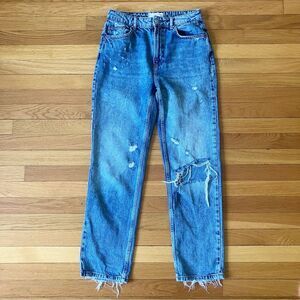 We The Free People Blue Distressed Straight Leg High Rise Denim Jeans 27
